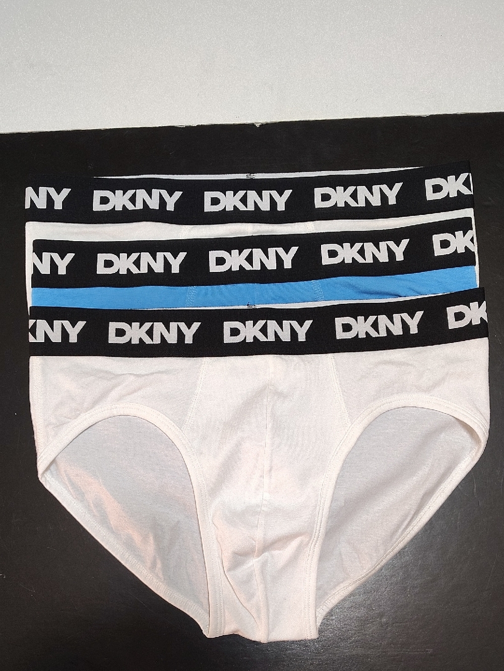 DKNY Men’s White/Blue Briefs with Black Logo Waistbands - 3 Pack - Size 32-34